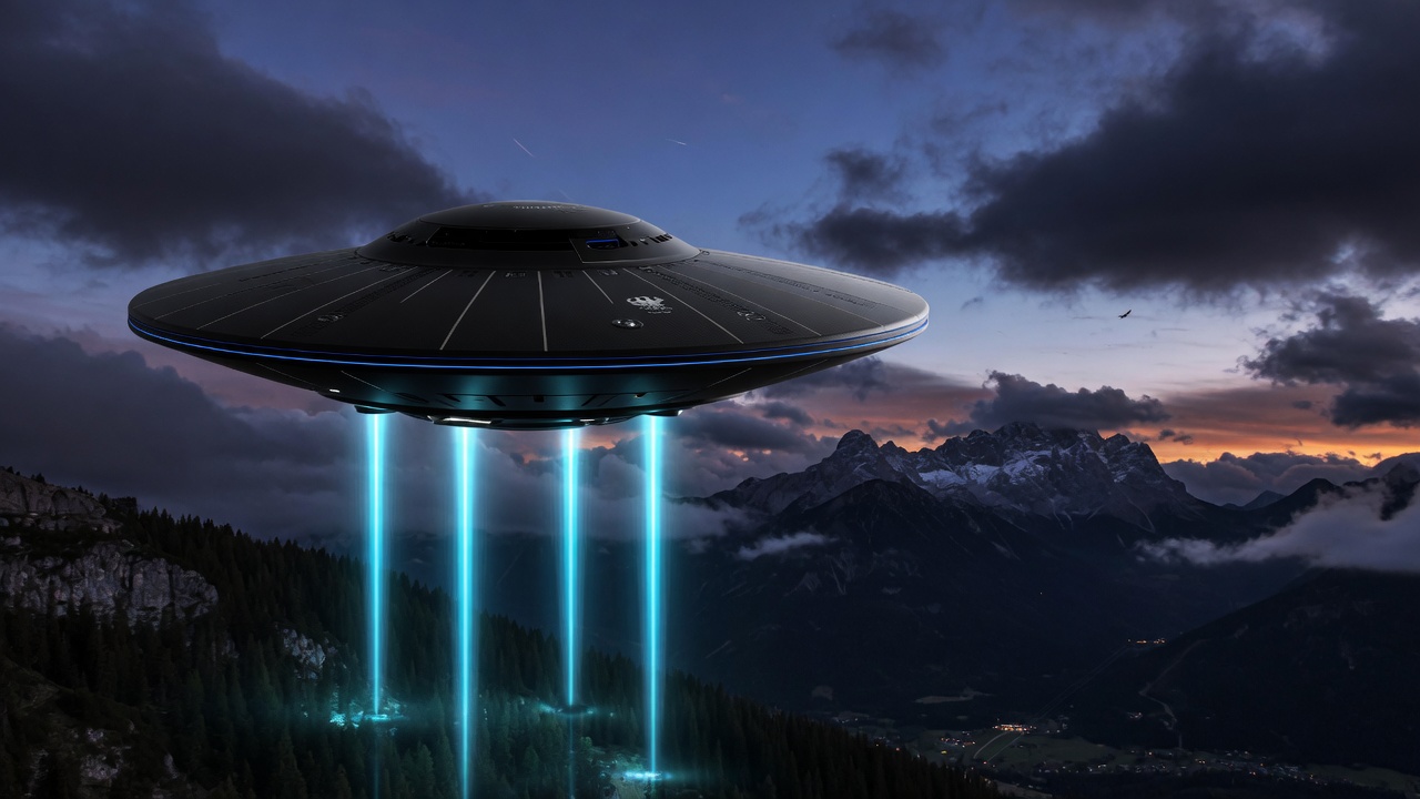 HYVEN EMHD Air-Pillar Saucer in flight over the German Alps — precision German engineering